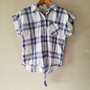 Grand & Greene Front Tie Shirt Plaid Top Blue White Rolled Sleeves Size Medium